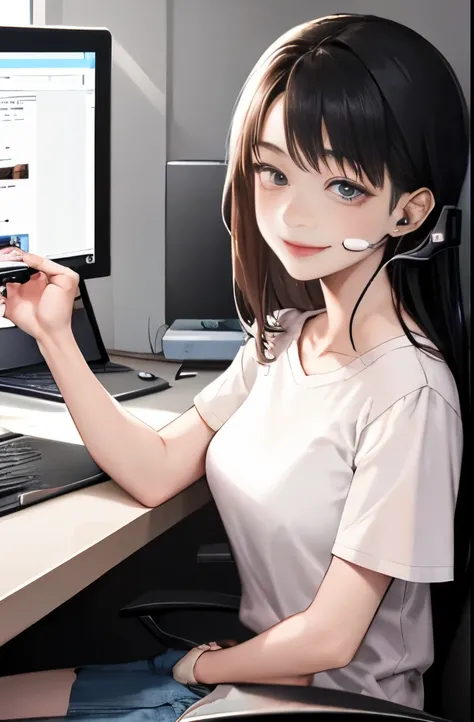 （master piece，best quality，exquisite details），1 girl，smile，adorable，Pink short sleeves，black hair，sitting in front of the computer，Live streaming，live online，headset，vivid lighting