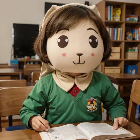 Maskot berkepala buku dengan seragam sekolah