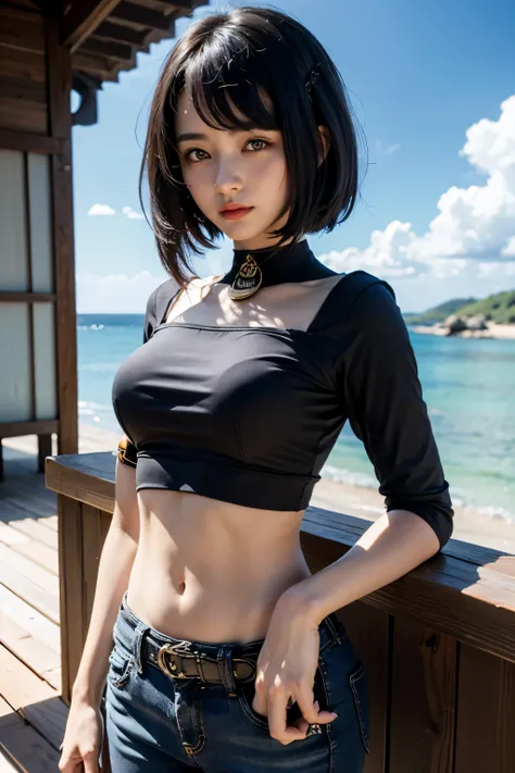 1girl, ((purple shirt with knot, long dark blue jeans, iron belt, heels), (midriff, navel), looking at viewer, smile, beach kiosk, fashion pose, s(kujou sara:1.3), mask on head, blue hair, short hair, yellow eyes, (cinematic lighting, best quality, masterp...