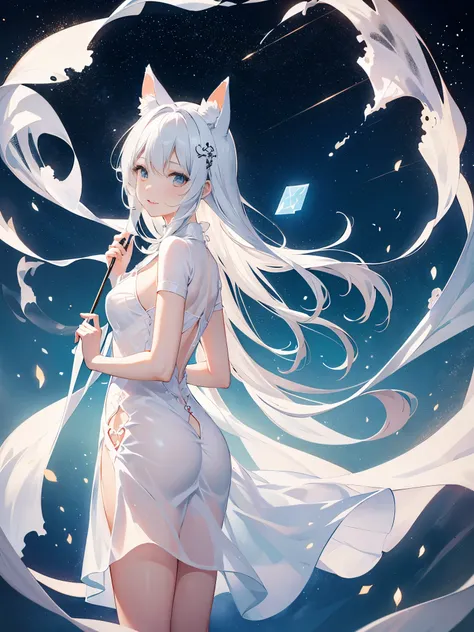 girl with cat ears（Pure and beautiful），Mythical texture。 Wearing a transparent dress in white silk（White in red，Key points reflected）Expression setting joy，infatuation 。Action settings：in a standing posture，Turn around and look back at the camera（dream） Of...