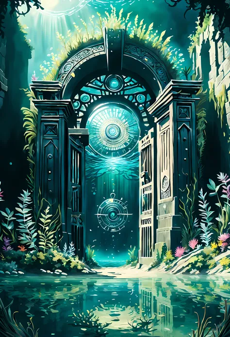 ((a view of mysterious gate hidden underwater):1.3), ((crystal clear water lake):1.2), ((the gate looks forgotten and abandoned)...