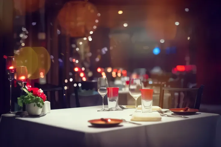 There is a table，There are two glasses of wine and a plate of food, 烛光餐厅dining table, romantic atmosphere, sparkling atmosphere, beautiful atmosphere, Warm and joyful atmosphere, romantic atmosphere, fine dining, vibrant atmosphere, Fine dining restaurant,...