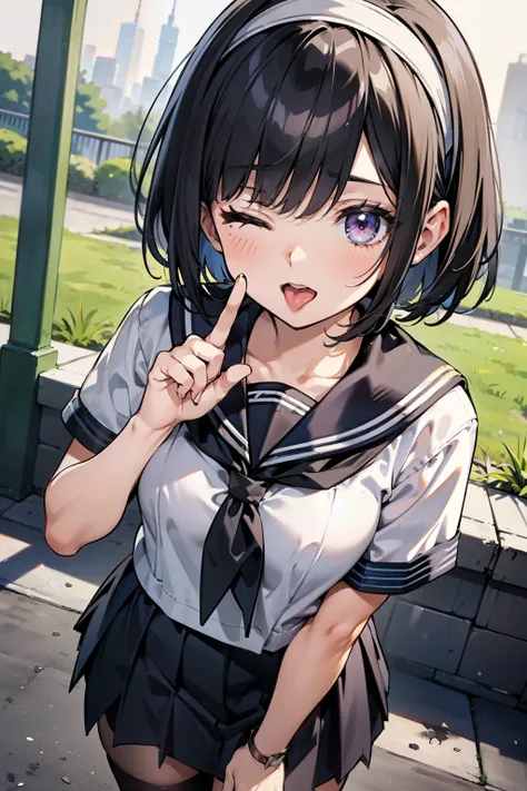 body 8 times longer than head, (Highly detailed CG unity 8k), (highest quality)，(very detailed)，(ultra high resolution), black hair, High school girl wearing a navy sailor suit, Anime 2D rendering, realistic young anime high school girl, ((White headband))...