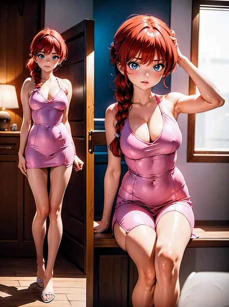 Garota anime ruiva com vestido de casamento rosa pink, 16 anos, corpo bonito, seios grandes, with your hands behind your head, running your hands through your hair, garota sexy, red hair with braid, gorgeous lighting, sombras suaves, olhos azuis, pernas bo...