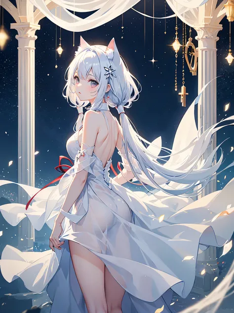 girl with cat ears（Pure and beautiful），Mythical texture。 Wearing a transparent dress in white silk（White in red，Key points reflected）delicate skin。Expression setting joy，infatuation 。Action settings：in a standing posture，Turn around and look back at the ca...