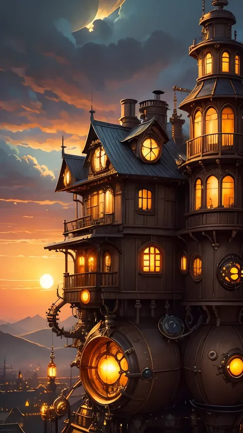 steampunkai。A steampunk-style house that moves on eight spider-like mechanical legs.。The background is the sunset sky and clouds illuminated by the sunset。