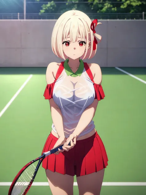 best image quality、high quality、girl,,tennis wear、holding a tennis racket、on the tennis coat、sweaty、underwear is transparent、big 、good、panties、valley、The sun is shining、shining sun、off shoulder ,glare of the sun, Illuminated、Bokeh, written boundary depth, ...