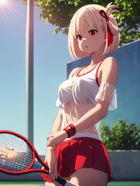 best image quality、high quality、girl,,tennis wear、holding a tennis racket、on the tennis coat、sweaty、underwear is transparent、big...