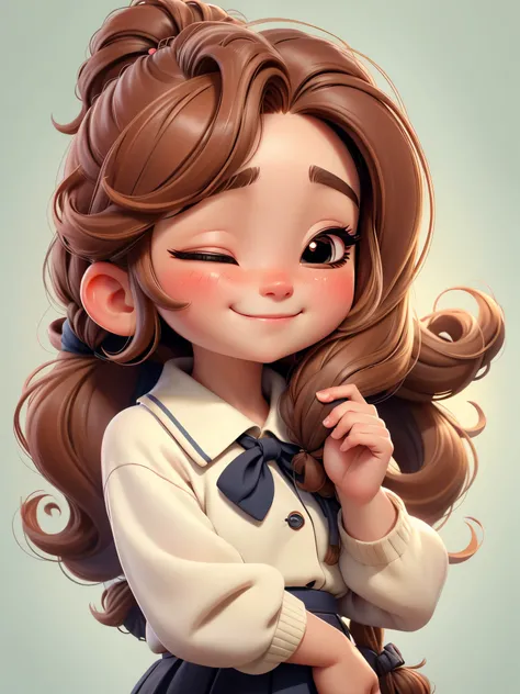 Girl portrait closeup，facial close-up，school uniform，one eye closed（Close one eye：1.2）(((Close-up eyes：1.2)))，braided ponytail, UHD, masterpiece, high details, highres, 8k，((outdoor background))，detailed background，at class room，((cute chibi style))，long e...