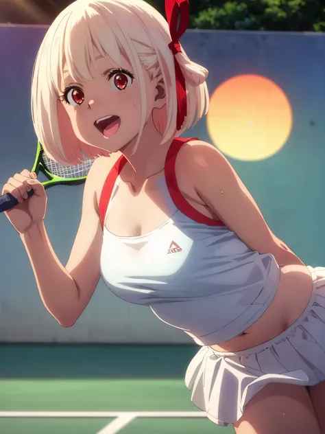 best image quality、high quality、girl,,tennis wear、holding a tennis racket、on the tennis coat、sweaty、big 、good、panties、valley、The sun is shining、shining sun、off shoulder ,(Laughter:1.1), (open your mouth:1.1), (wide open eyes:1.2), glare of the sun, Illumin...