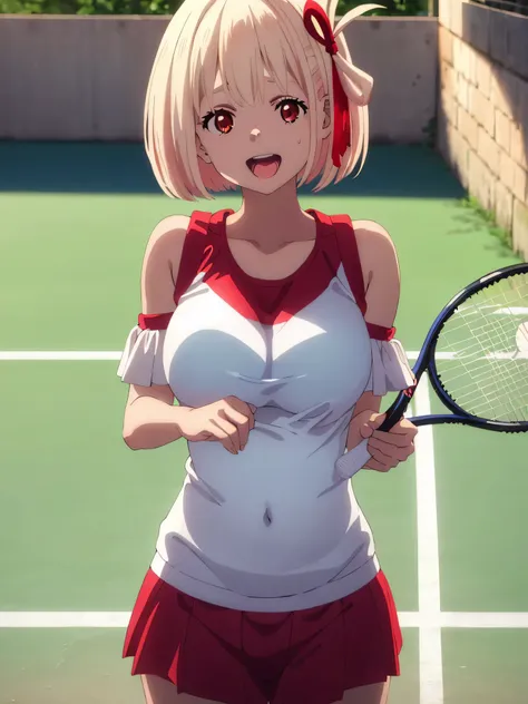 best image quality、high quality、girl,,tennis wear、holding a tennis racket、on the tennis coat、sweaty、big 、good、panties、valley、The sun is shining、shining sun、off shoulder ,(Laughter:1.1), (open your mouth:1.1), (wide open eyes:1.2), glare of the sun, Illumin...