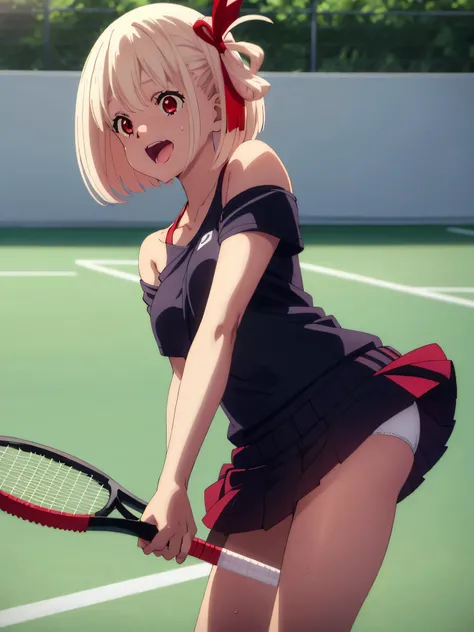 best image quality、high quality、girl,panty shot,tennis wear、holding a tennis racket、on the tennis coat、sweaty、big 、Brachira、panties、valley、off shoulder,strong wind ,(Laughter:1.1), (open your mouth:1.1), (wide open eyes:1.2), glare of the sun, Illuminated、...