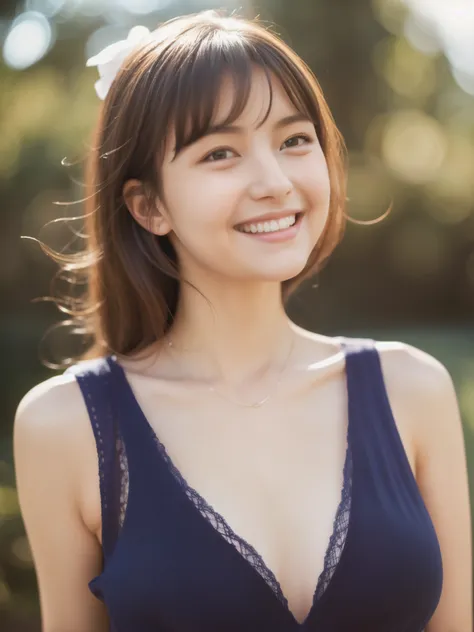 Beautiful 20 year old woman。she is wearing a satin camisole。Lace on the chest and hem.。She looks ecstatic 。she is smiling and winking. her dark brown hair、High resolution、masterpiece、highest quality、Head w:1.0、((Hasselblad Photos))、fine skin、fine knit、(mov...