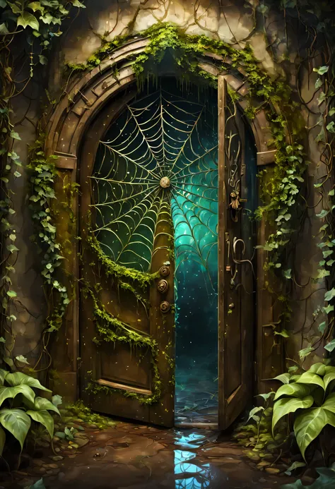 The forgotten gate of time and space, fantasy theme, concept art, The door at the deepest part of the underground labyrinth, door made of magic, entrance to time travel, (A door that won't open because it's entangled with ivy and spider webs:1.3, s...