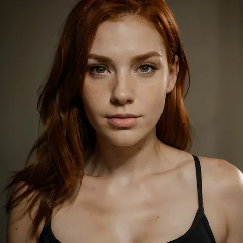 portrait, realistic face, Ordinary-lookinglook like Kim Possible, fit, 30 year old, woman with shoulder-length red hair, , (barely visible freckles),