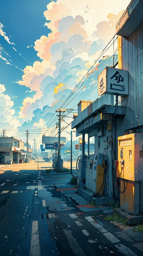 petrol station, vibrant colors, highly detailed, masterpiece quality, cloudy sky, telephone poles, wide angle view