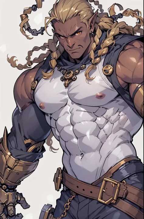 1boy, solo, cowboyshot, (orc man), (anime style), middle-aged man, (Muscular), large pectorals, fit-muscled body, Chiseled Abs, rugged face, manly, (expressionless), orange eyes, small eyes, bronze hair, forehead, slicked back hair, ((dreadlocks)), tightly...