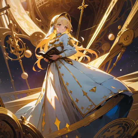 best quality, (masterpiece), Ultra-detailed, (novel illustration:1.2), (medieval style:1.2), (bold line), (highres:1.2), dramatic light, 1girl, all white and gold, observatory, looking at space through book, celestia, light lines among planets, Figure Conv...