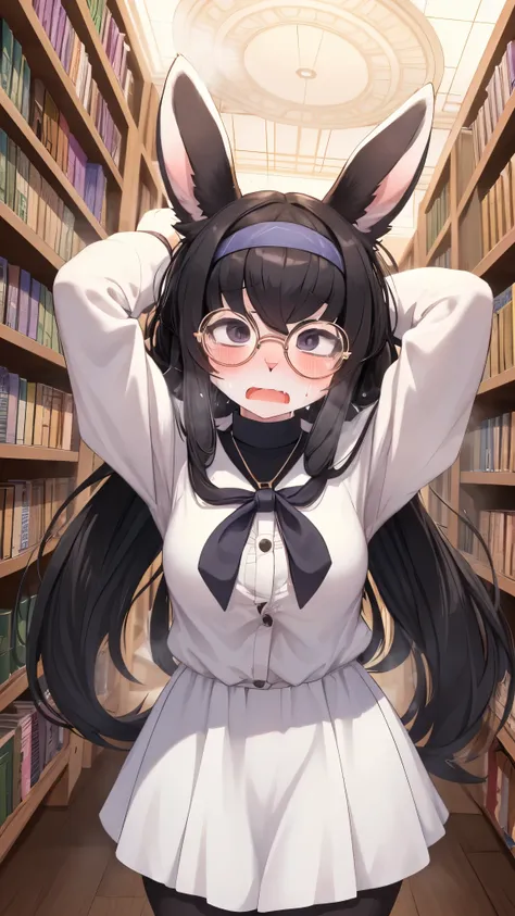 rabbit girl,black hair,black rabbit ear fur,white body fur,neck fur,scream,shock face,looking at viewer,library,bookshelf,round glasses,full face blush,sweating face,face steam,shiny skin,lift hands upper head