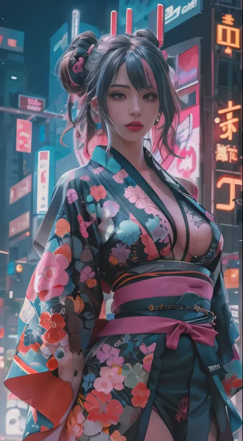 masterpiece, highest quality, Cyberpunk girls,wearing a Japanese kimono,The pink color stands out,Bold colors and patterns, eye-catching accessories, Trendy and innovative hairstyles, bright makeup, Cyberpunk dazzling cityscape, skyscraper, neon sign, led ...