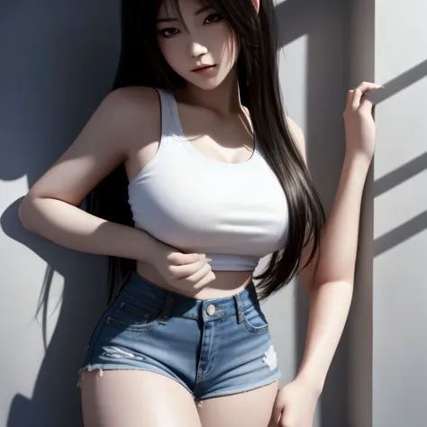 Asian woman from Alafeld poses for a photo in a white top and denim shorts, seductive Tifa lockhart portrait, Realistic Shadows Perfect Body, Tifa, seductive anime girl, [ 4K digital art ]!,Realistic anime girl rendering, he turned off the heart lock, real...