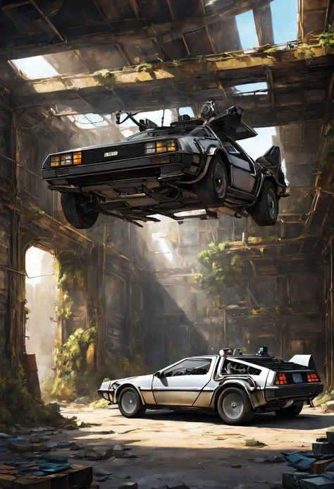 The forgotten gate of time and space, fantasy theme, concept art, Back to the Future, vintage delorean, Abandoned warehouse, (masterpiece), (highest quality), (Ultra high detail)