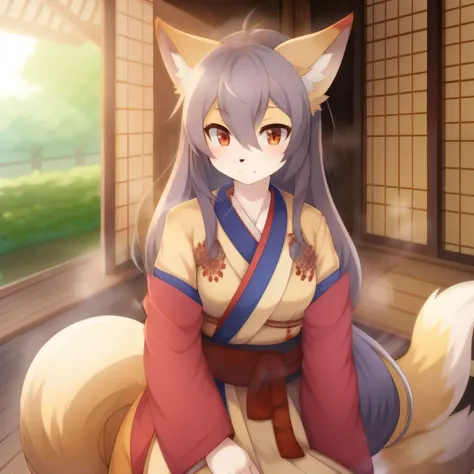 alone, woman, Fox, kitsune, white skin, red facial markings, white body, gray hair, long hair, Red and orange eyes, long eyelashes, attractive face, multiple tails, red tip of tail, supple body, average body, Lean your body, white kimono, red and gold elem...