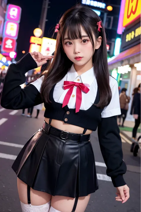 high angle shot、center view、a woman standing on a neon street at midnight、phenomenally cute 、japanese girl uniform、summer clothe...