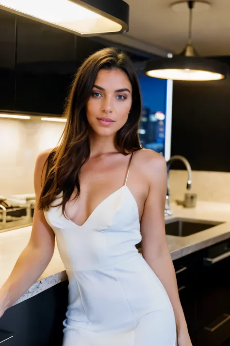 In a contemporary restaurant at night, a stunning brunette with long brown hair stands in the kitchen, dressed in an elegant white short dress. This 25-year-old woman features natural wavy hair, captivating blue eyes, and a low-cut black bodice that comple...