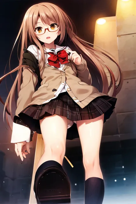 (1 girl), alone, Brown_hair, Brown_shoes, black_leg wear, green_skirt. cardigan, Glasses, Open_cardigan, Open_Clothes, pantyhose, pleats_skirt, red-framed_glasses, School_uniform, serafuku, short_hair, skirt, (very detailed), chest, detailed hair, highest ...