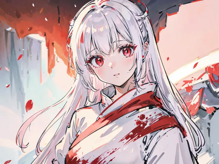 Virtuous person, goddess of light, blood mist, white hair, ruby ​​red eyes, pinkish white skin, wearing a white dress stained with red blood, surrounded by a blood cloak, anime girl