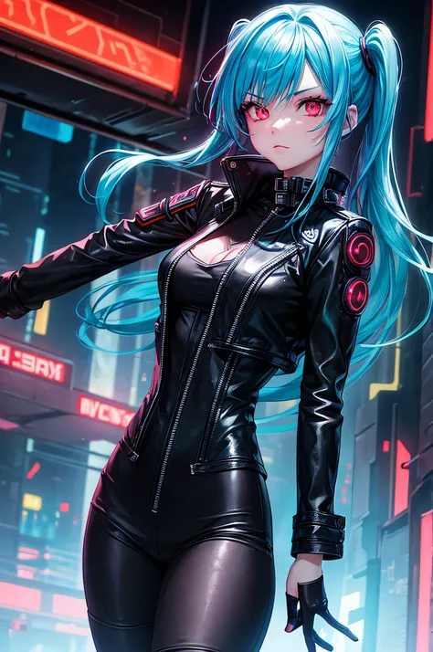 A girl with red cybernetic eyes and asymmetrically cut cyan blue hair, com implantes de luz neon e uma jaqueta de couro preta, navigating the dark alleys of a futuristic metropolis