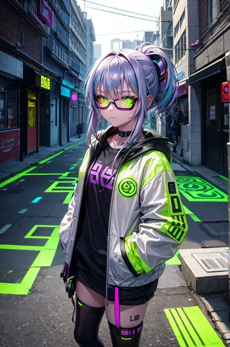 A girl with lime green LED eyes and holographic purple hair, with tattoos of electrical circuits and augmented reality glasses, hackeando em um beco digital da cidade.