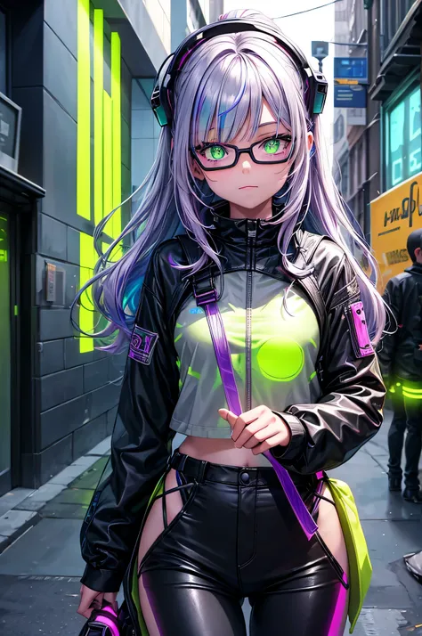 A girl with lime green LED eyes and holographic purple hair, with tattoos of electrical circuits and augmented reality glasses, hackeando em um beco digital da cidade.