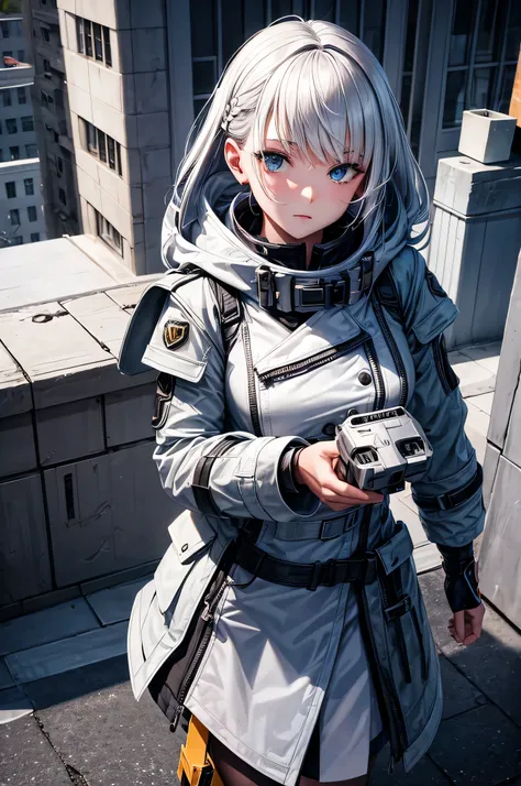 A girl with bionic eyes and silver hair with neon highlights, wearing a futuristic trench coat and carrying a pet drone on his shoulder, explorando os telhados da cidade