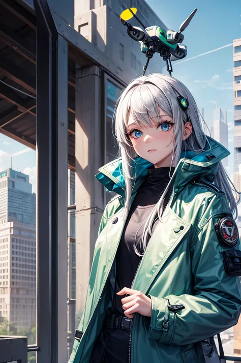 A girl with bionic eyes and silver hair with neon highlights, wearing a futuristic trench coat and carrying a pet drone on his shoulder, explorando os telhados da cidade