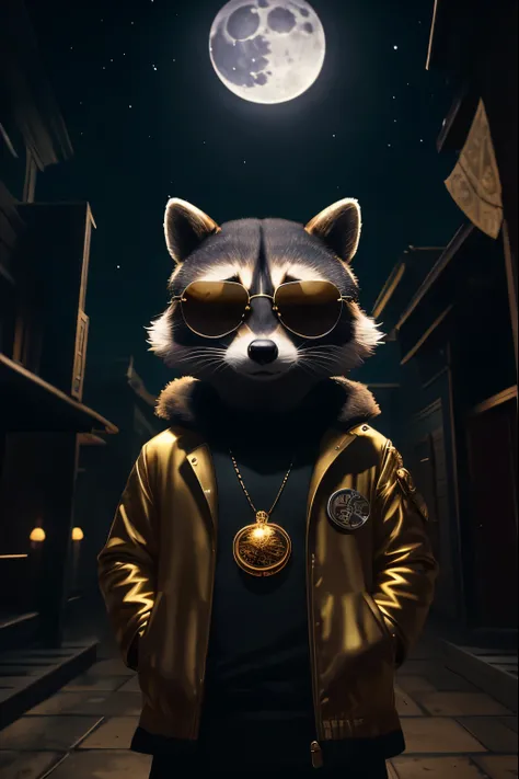 Perfect centering, Raccoons, fortune teller,Wear a jacket, Wearing sunglasses,Standing position, look at the camera, towards the camera, approaching perfection,moonlight, very detailed, sharp focus, 8K, Golden Room