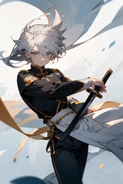 cute boy，Height one meter four，Hair is scattered，Carrying a long sword，Wearing Chinese black and white costume，Deep eyes，fair skin，One hand rests on the sword behind him，The figure is suspended in the air