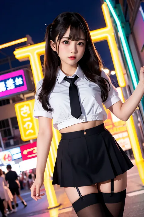 high angle shot、center view、a woman standing on a neon street at midnight、phenomenally cute 、japanese girl uniform、summer clothe...