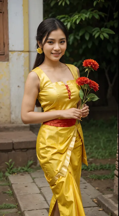 smiling woman in a yellow top and red skirt holding a flower, sukhothai costume, in style of thawan duchanee, wearing traditional garb, wearing authentic attire, nivanh chanthara, wearing an elegant tribal outfit, in front of a university, traditional beau...