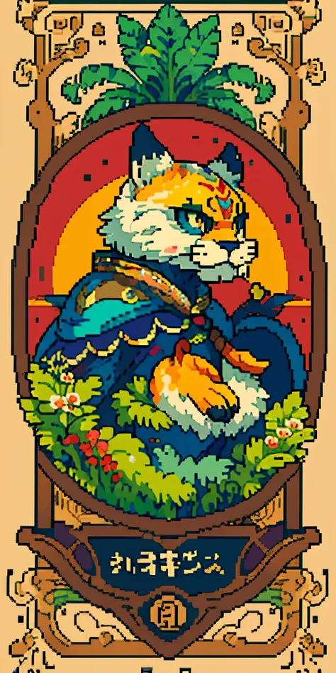 top quality, best quality, logo mark, stamp, Geometric pattern, vector-art, High-quality illustrations by Alfons Mucha, masterpiece(kemono, furry anthro)flower, pixel art,