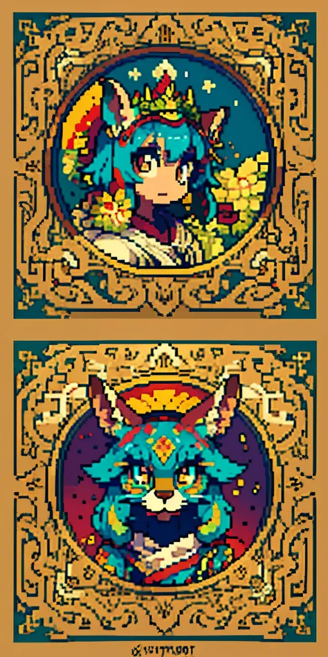 top quality, best quality, logo mark, stamp, Geometric pattern, vector-art, High-quality illustrations by Alfons Mucha, masterpiece(kemono, furry anthro)flower, pixel art,