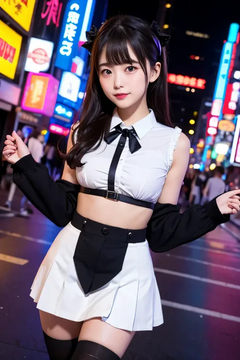 high angle shot、center view、A woman standing on a neon street at midnight、Phenomenally cute 、japanese girl uniform、summer clothes、Microminiskirt、urreal 、loafers、She wears black tights that show a little bit of skin.、black tights、Japanese high school 、Nogiz...