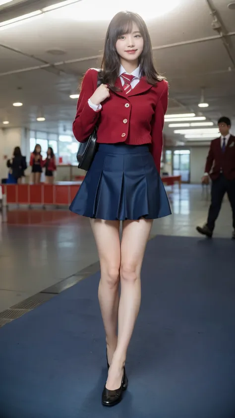 Girl Standing In School Classroom,Red Tie Uniform,Dark Blue Closed Blazer,Blue plaid super super super mini skirt,18-year-old,bangs,a little smile,thighs,knees,from below，random pose，pretty girl，slender girl，Side waves with a short cut，The skirt is too sho...