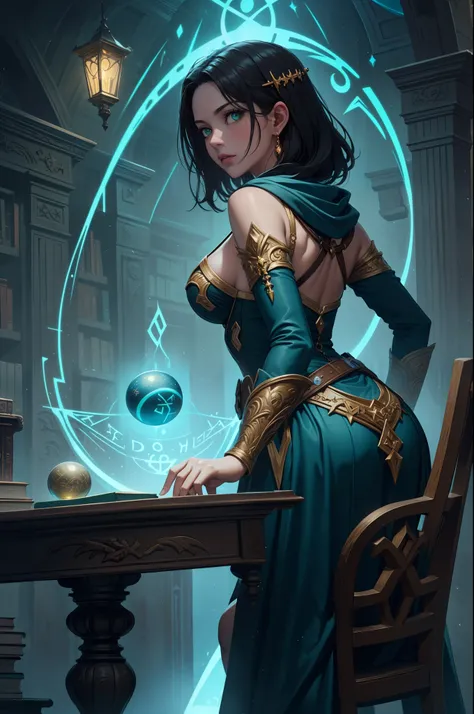 high details, best quality, 16k, [best detailed], masterpiece, best quality, (extremely detailed), a view from the rear (best details, Masterpiece, best quality), photorealistic, fantasy art, RPG art, a picture of a human sorceress sittings in her magical ...