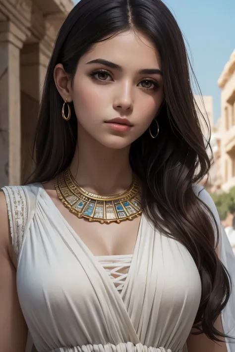 8k,hd,masterpiece,high quality,extremely detailed,((close up zoom)),close shot,fantasy settings,ancient civilization,1girl,egypt race,greek girl,teenager,long wavy hair,middle eastern,olive skin color,dark hair,peasant,wearing white chiton dress,greek chit...