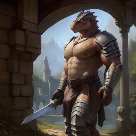 solo, stone ruins, after raining, under bridge, embarrassed, against wall, arms behind body, penis outline, (ultra detailed), a beautiful and detailed full size portrait of a male anthro lizard, scalie, tree (scales, detailed scales, muscle anthro, buff, t...