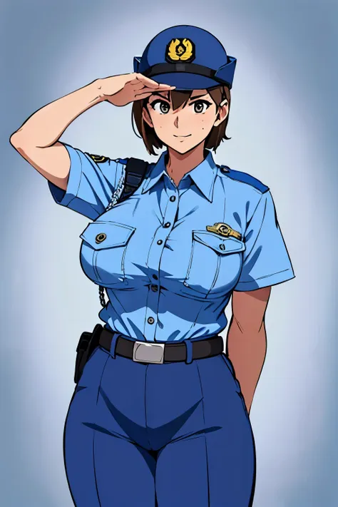 large breast,police uniform, light blue shirt, blue pants, breast pocket, best quality, masterpiece,blue cap,black belt,policewo...