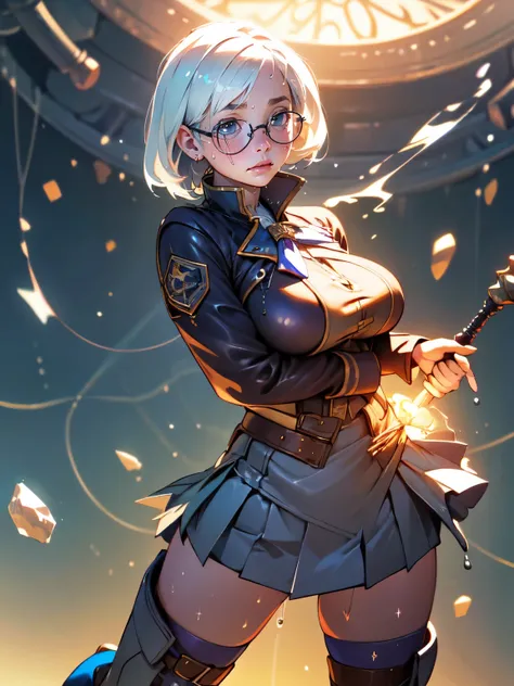 (best quality,ultra-detailed),(realistic,photorealistic:1.37),(HDR,UHD,studio lighting),(professional,vivid colors) 1girl,platinum white hair,30y old,wearing miniskirt,holding magic wand,glasses,massive breast,sweat drop,stockings,boots,hogwart magick scho...