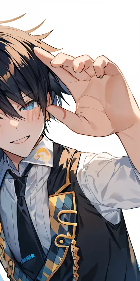 白背景、黒髪、ディーラー、イケメン、anime boy with black hair and blue vest making a v sign, with index finger, handsome anime pose, inspired by Okumura Masanobu, inspired by Okumura Togyu, live2d virtual youtuber model, default pose neutral expression, anime moe artstyle, ...